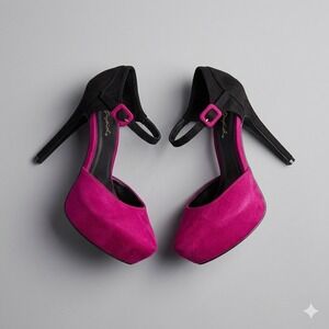 Qupid Fuchsia Pink & Black‎ Suede Platform Heels Sz8 Ankle Strap Stiletto Pumps